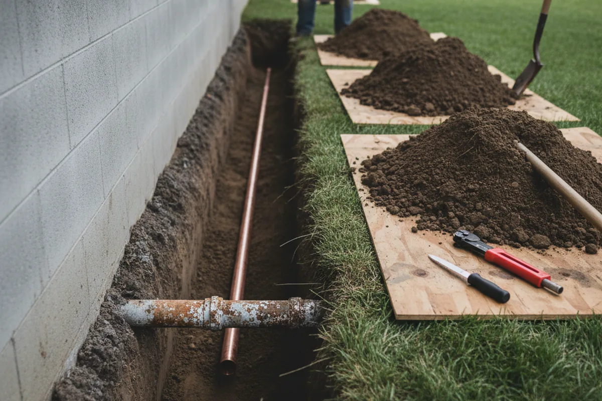 Excavated water line trench during Water Softener Installation in Nevada